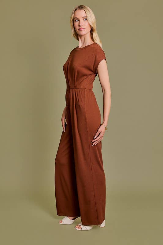 Sara Waist Shirring Jumpsuit in Brown