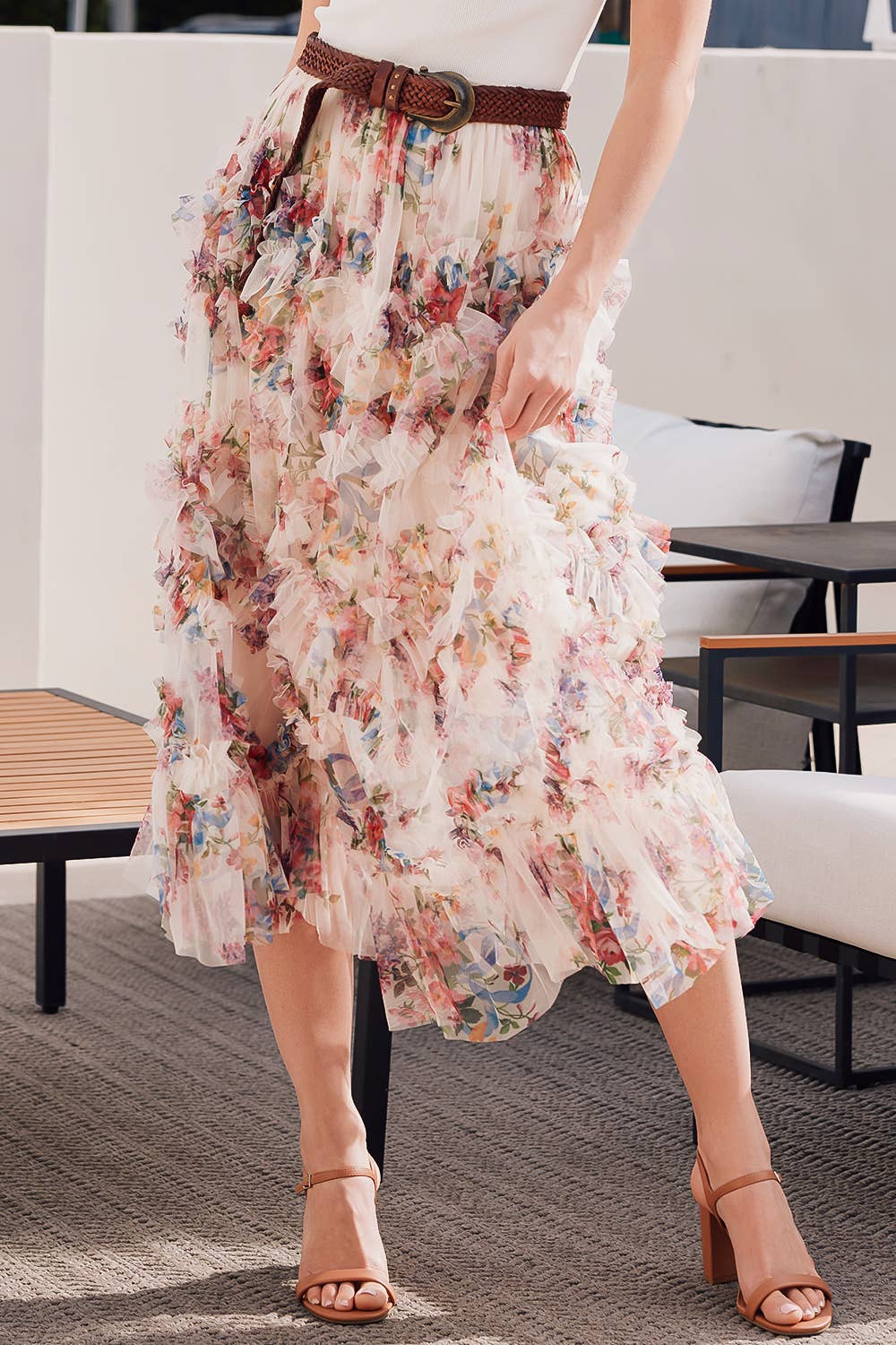 Joni Floral Ruffled Mesh Skirt in Ecru
