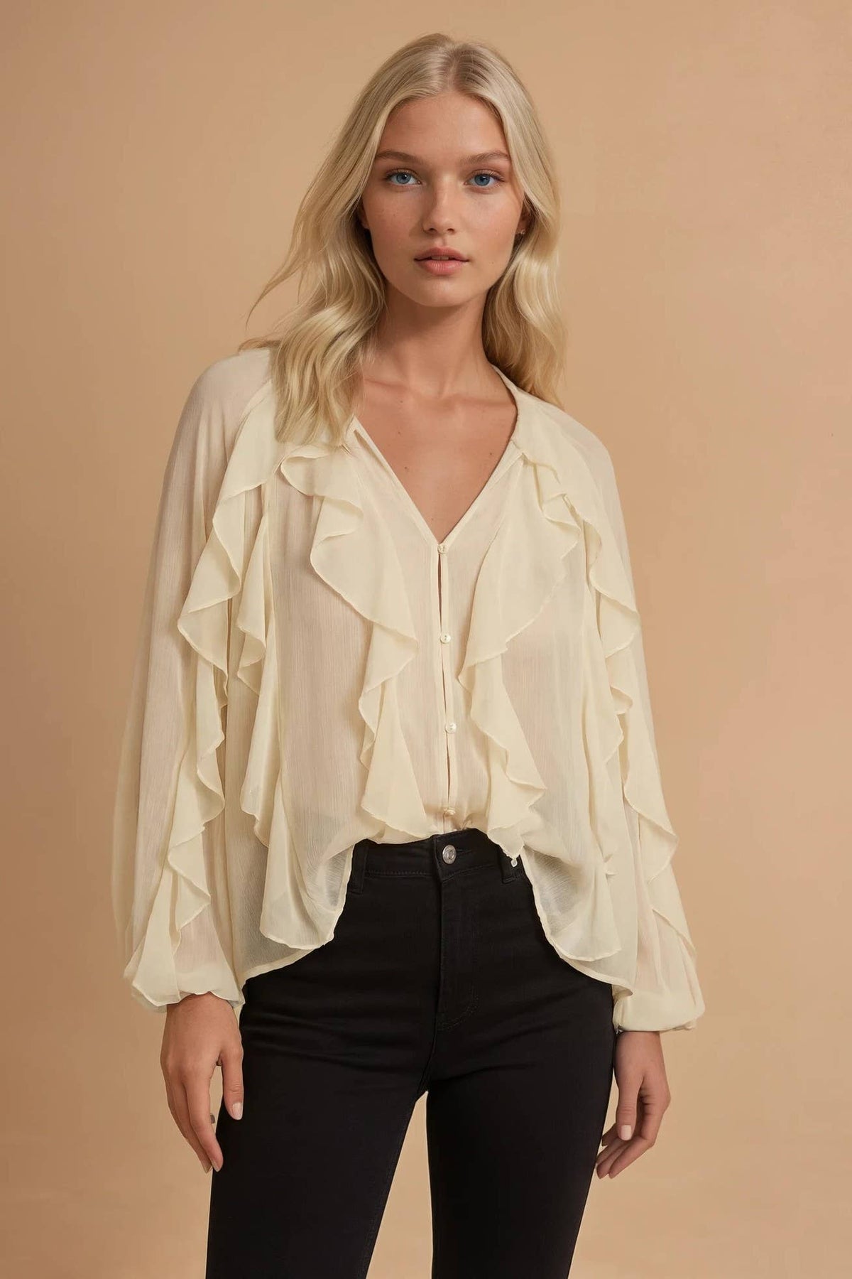 Vicky Sheer Ruffled Detail Button Down Blouse in Beige