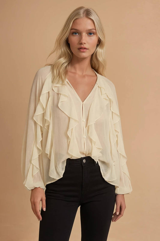 Vicky Sheer Ruffled Detail Button Down Blouse in Beige