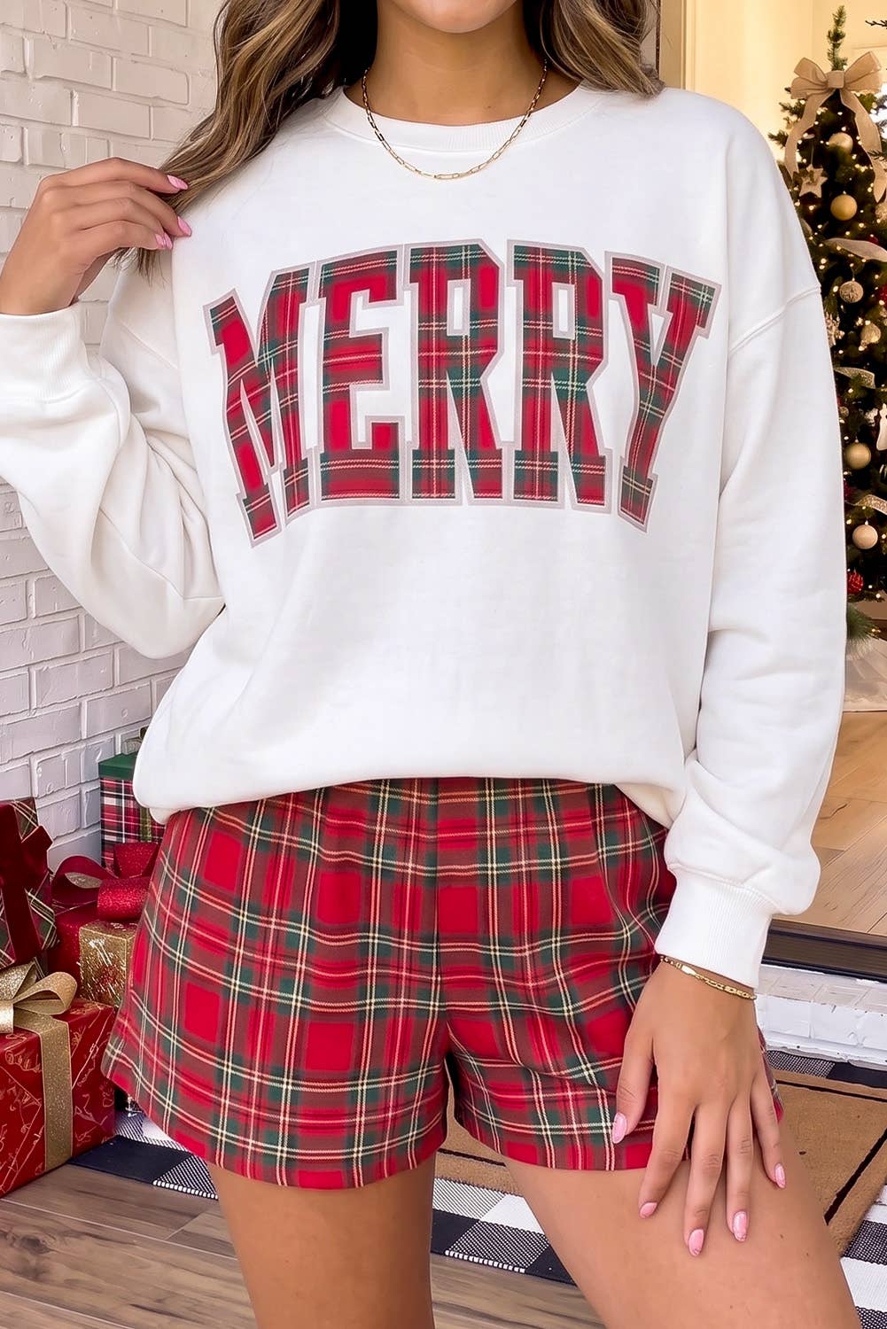 Red Checkered Plaid Merry Christmas Shorts Set
