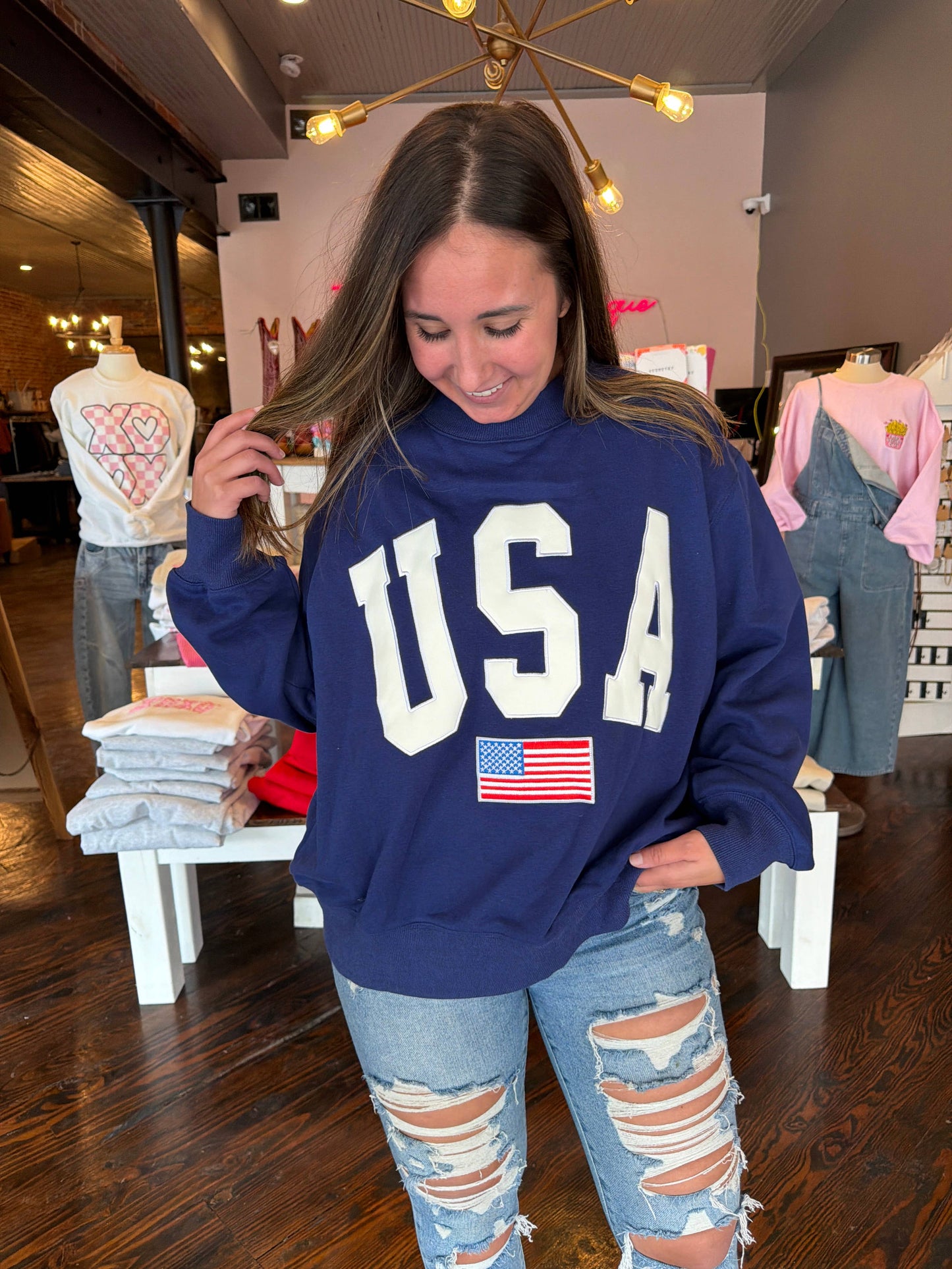 Navy USA 4th Of July Embroidered Mockneck