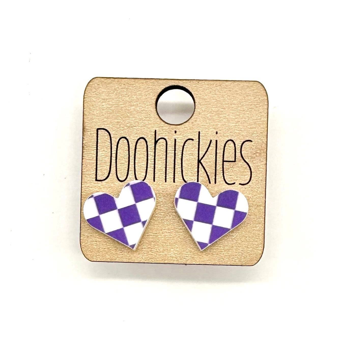 School Spirit Checkered Heart Stud Earrings in Purple