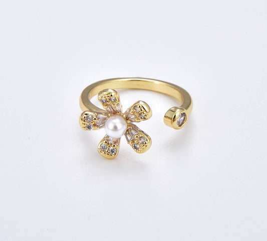 Flower Ring with Pearl Adjustable