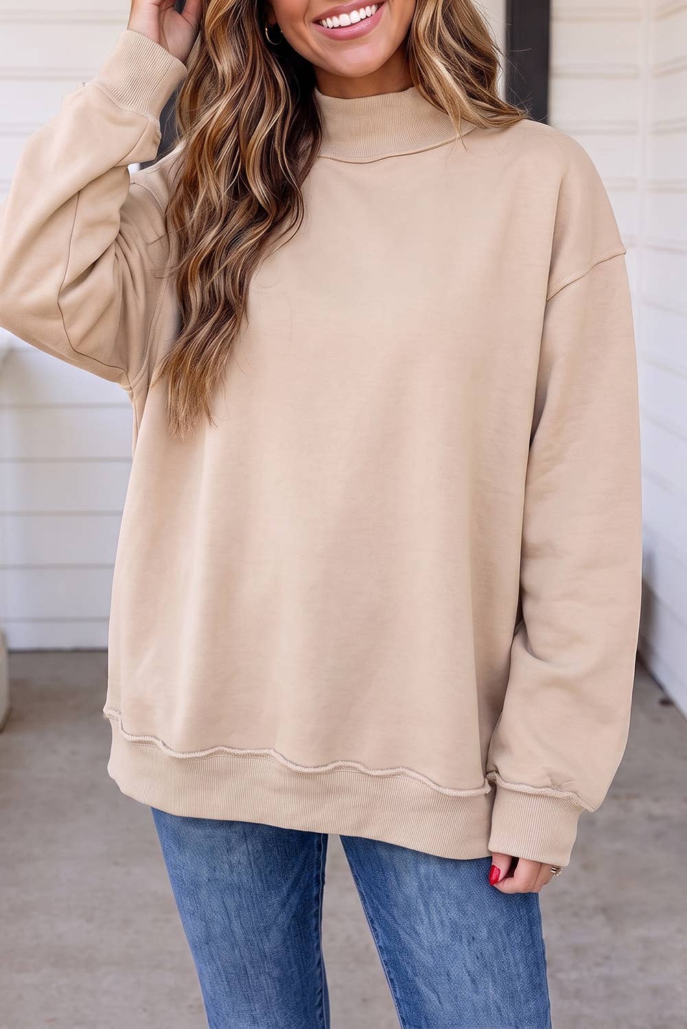 Brynna Mock Neck Oversized Sweatshirt in Oat