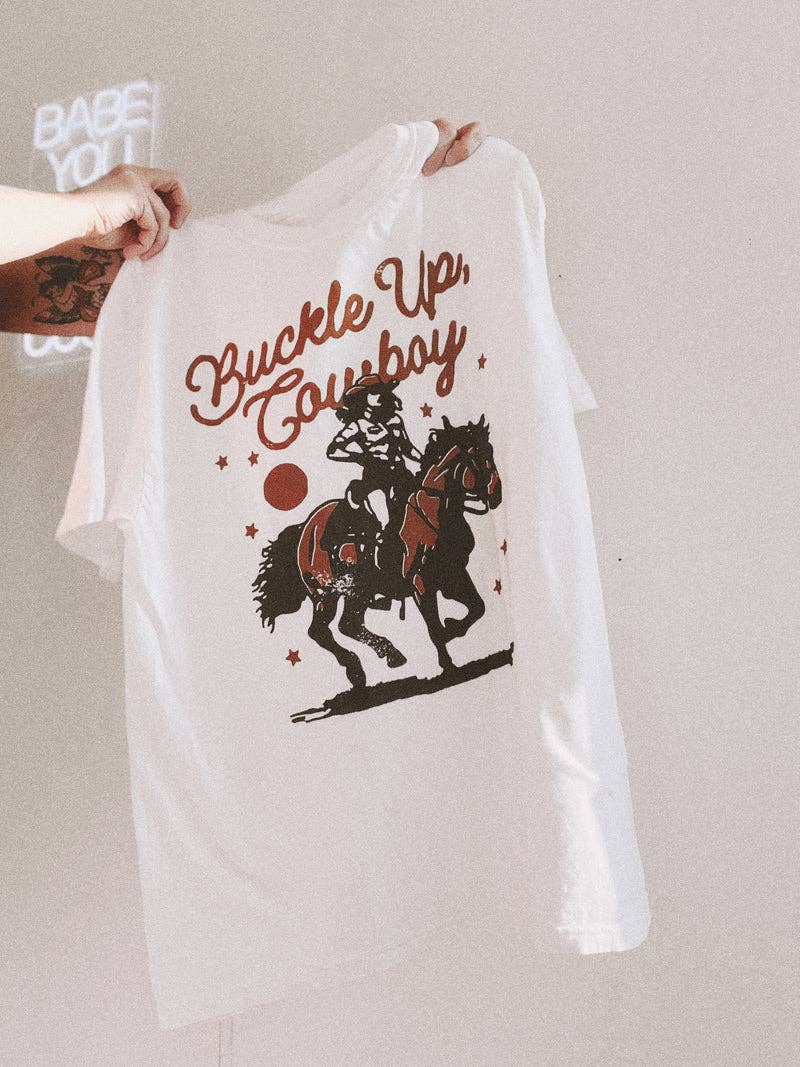 Buckle Up Cowboy Western Graphic Tee In White