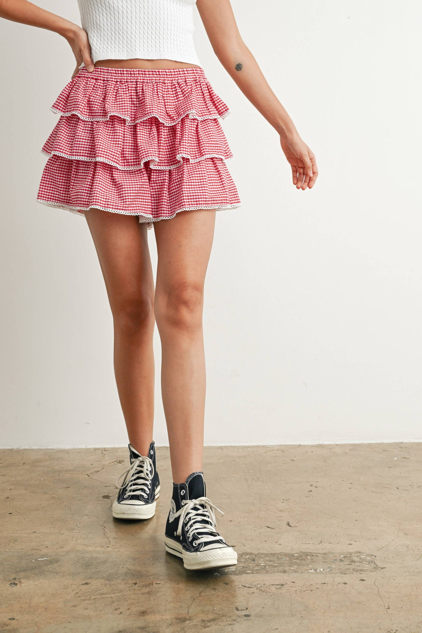 Aria Tiered Ruffle Mini Skort in Red