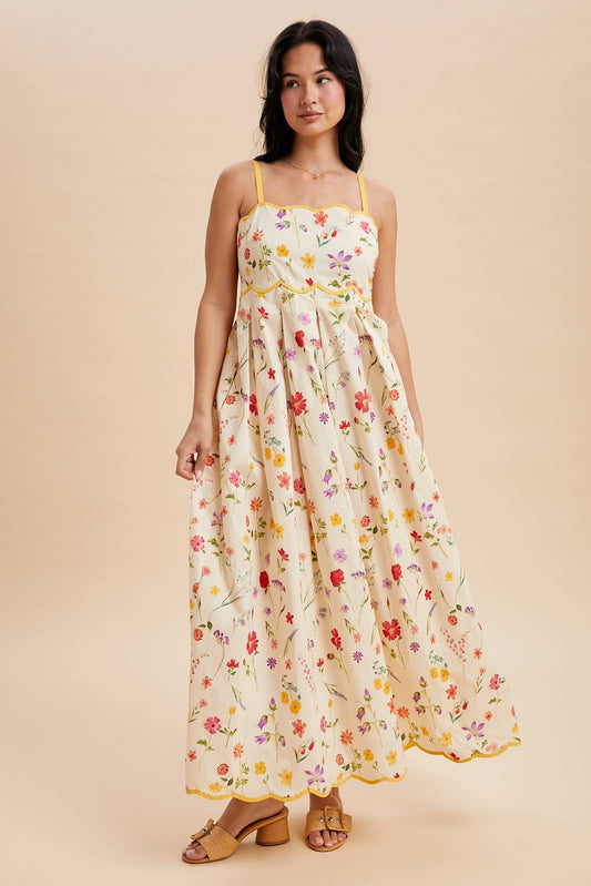 Cora Floral Scalloped Maxi Dress in Daffodil Creme