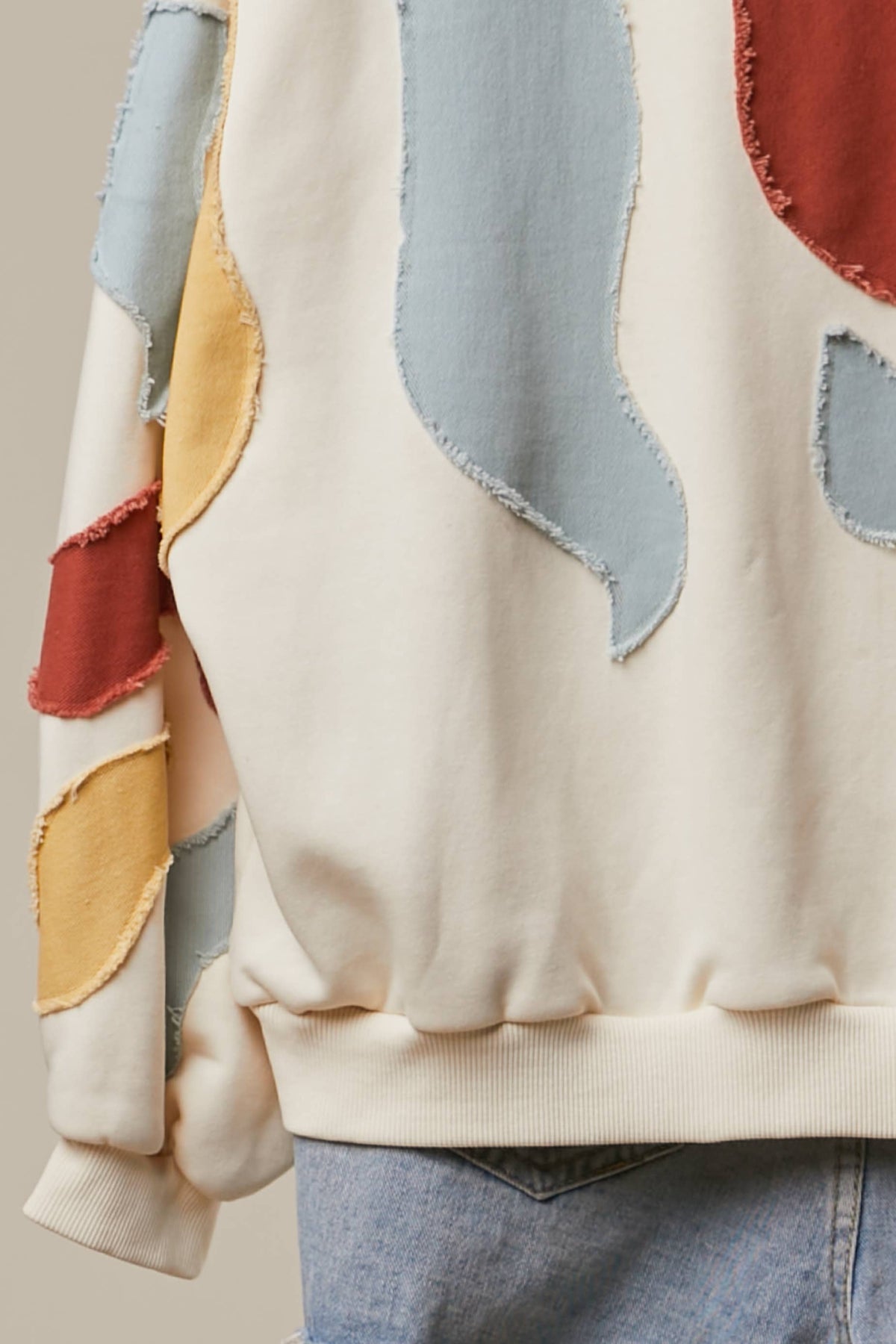 Alissa Abstract Patch Hoodie with Kangaroo Pocket in Cream