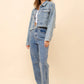Josee Clear Crystal Crop Trucker Stretch Denim Jacket