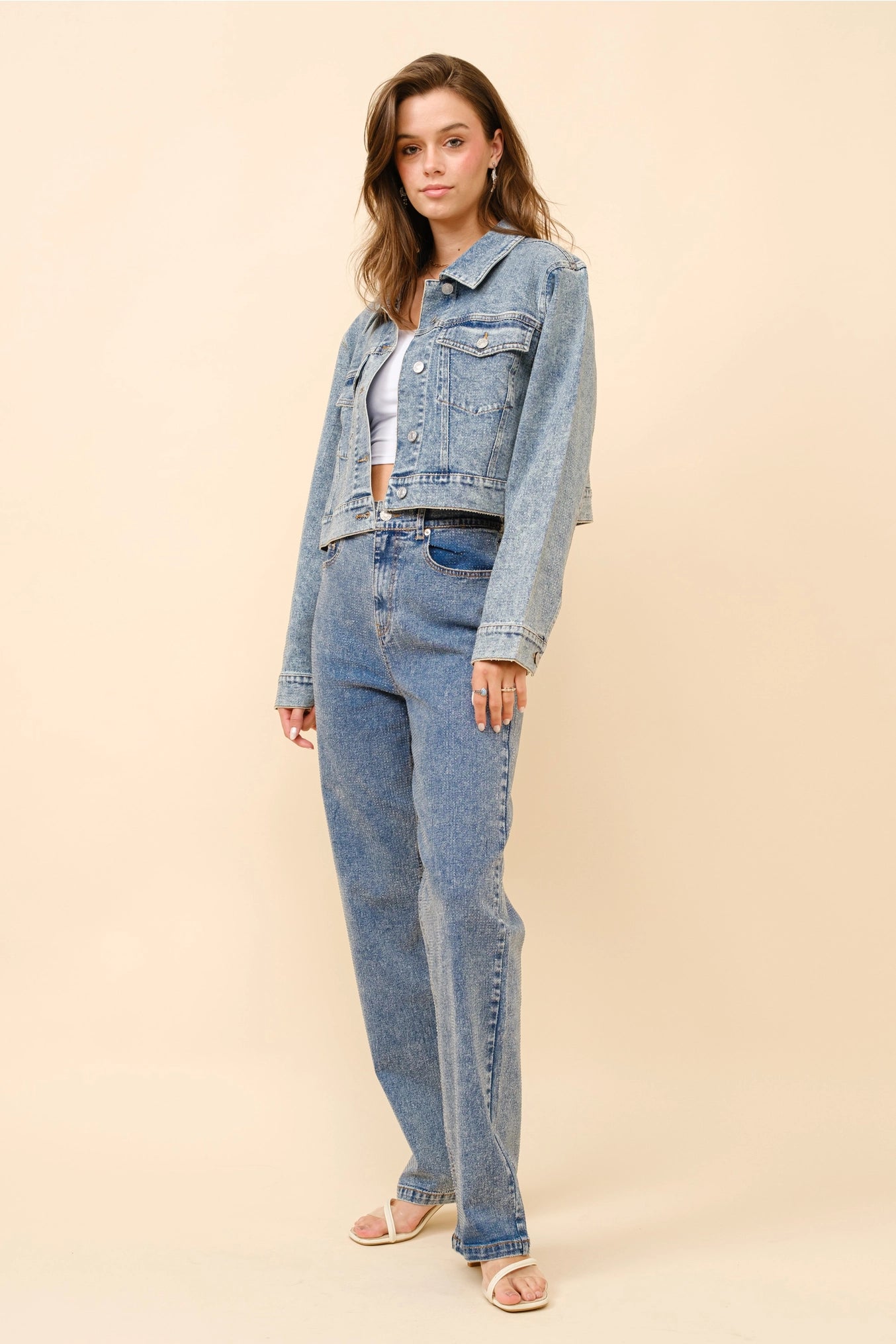 Josee Clear Crystal Crop Trucker Stretch Denim Jacket