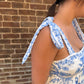 Kori Floral Border Empire Waist Tie Strap Midi Dress in Light Blue