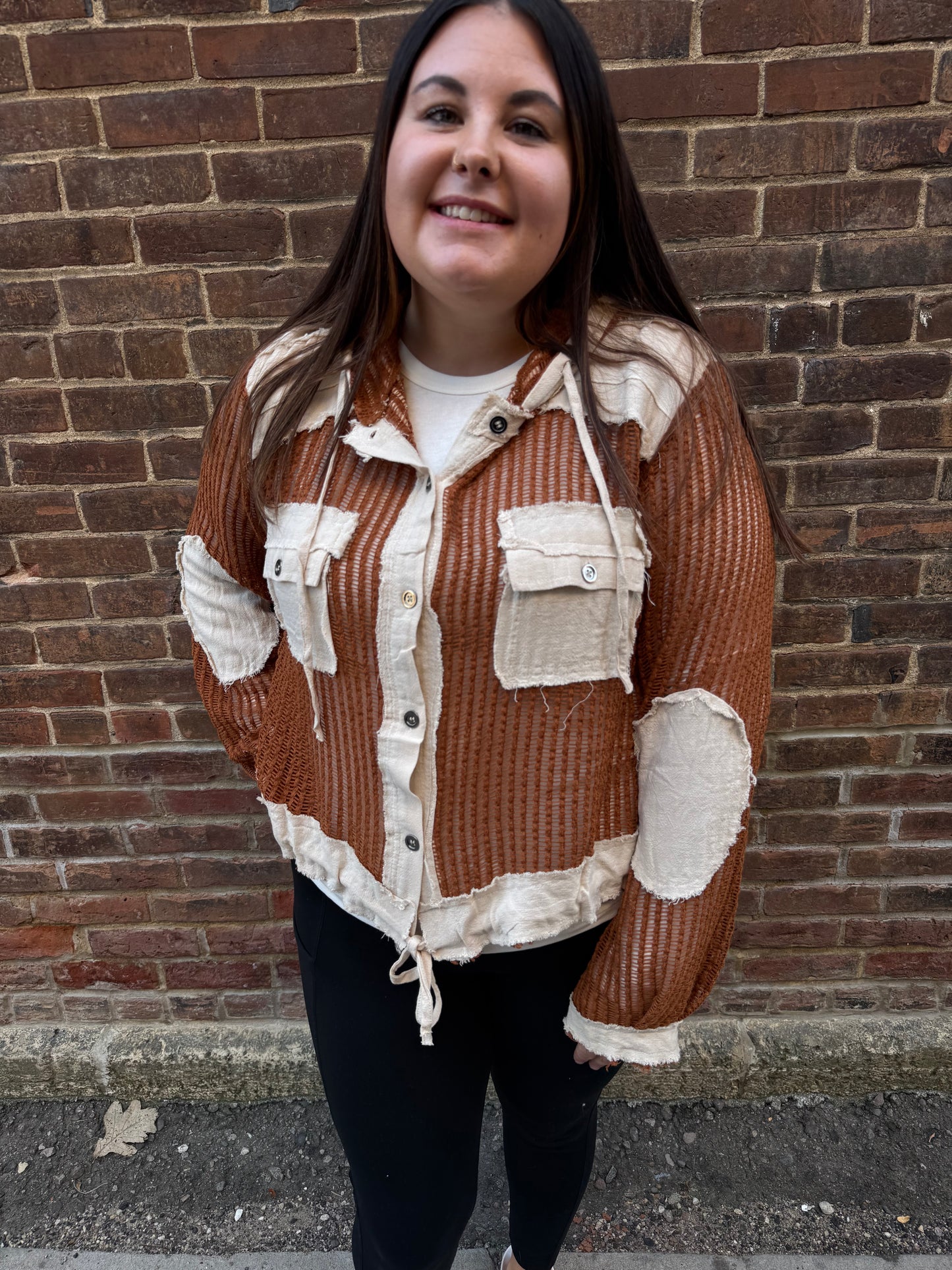 Kylie Open Knit Button Down in Rust