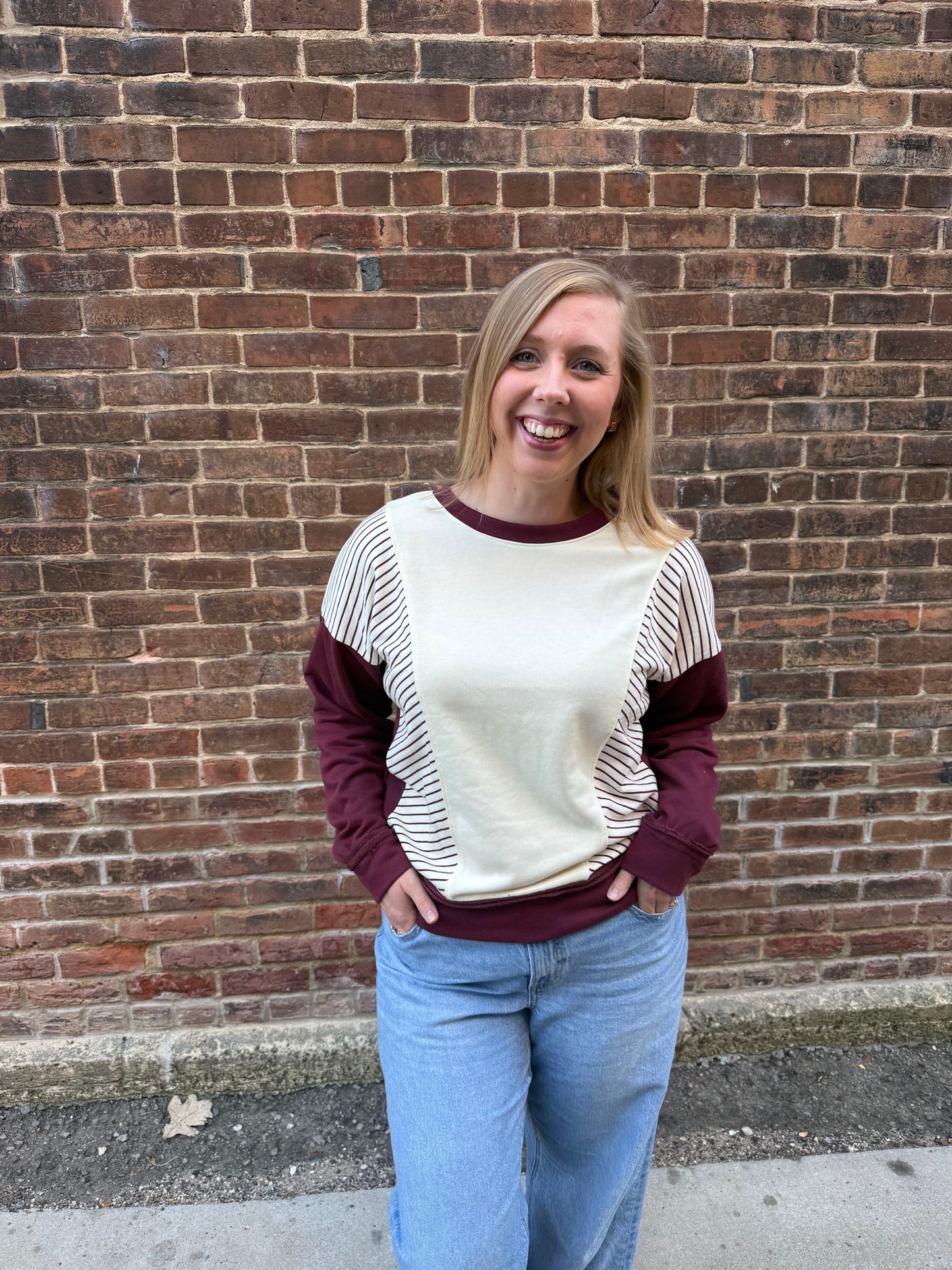 Ember Striped Terry Sweatshirt in Maroon