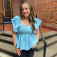 Everly Fluttered Ruffle Top in Baby Blue