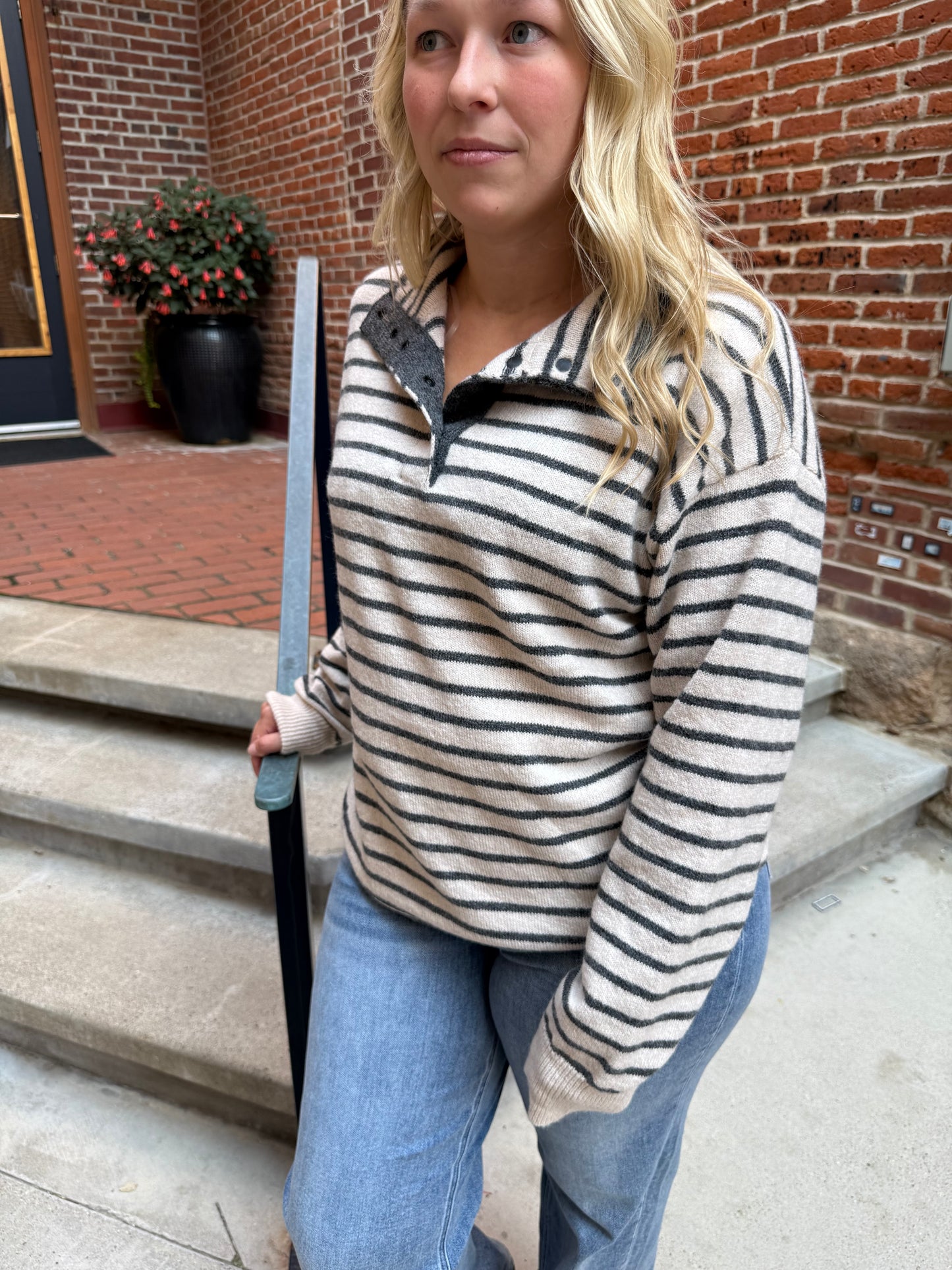 Charolette Mock Half Button Neck Striped Sweater