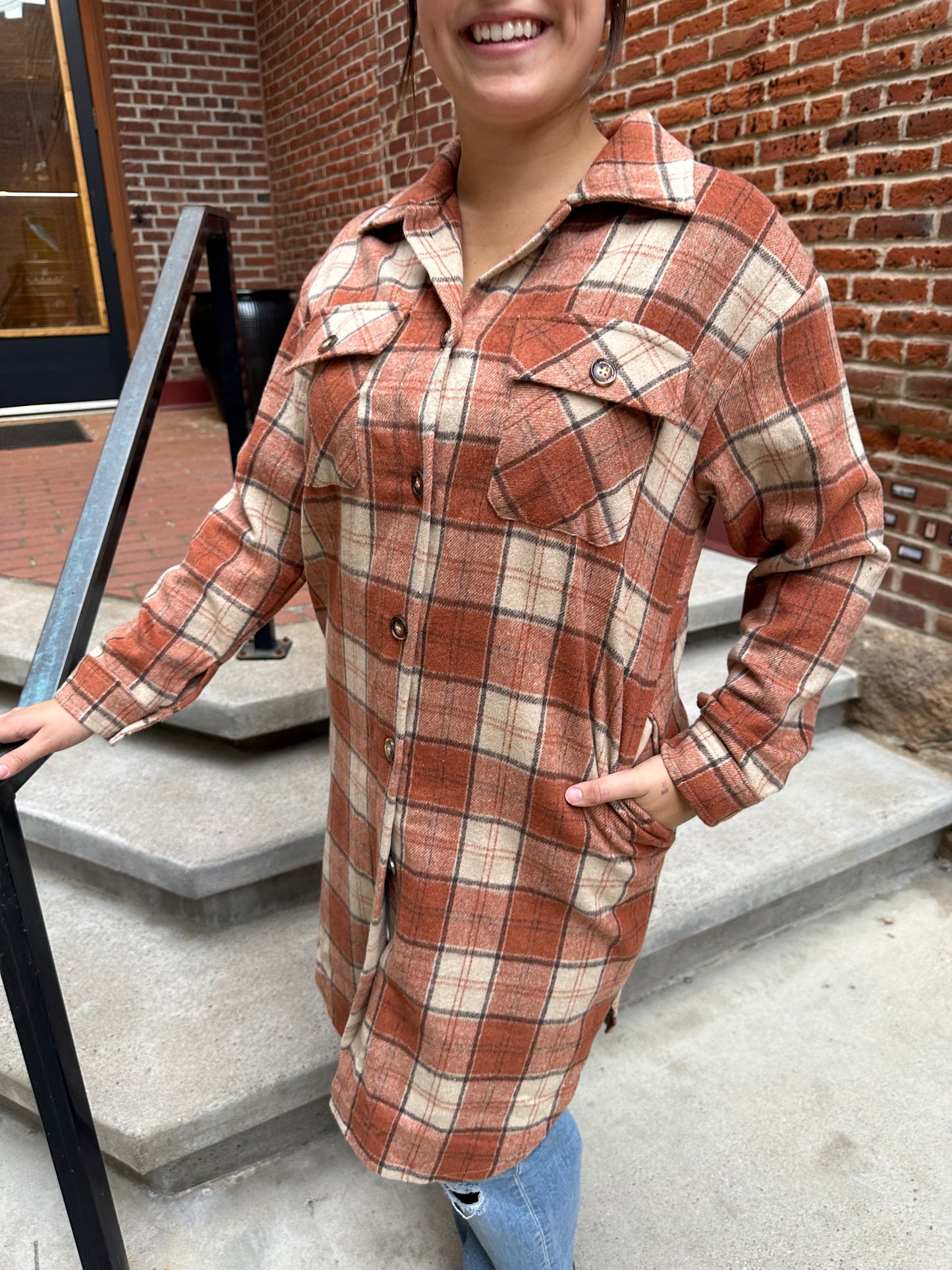Cleo Rust, Cream & Brown Plaid Long Flannel
