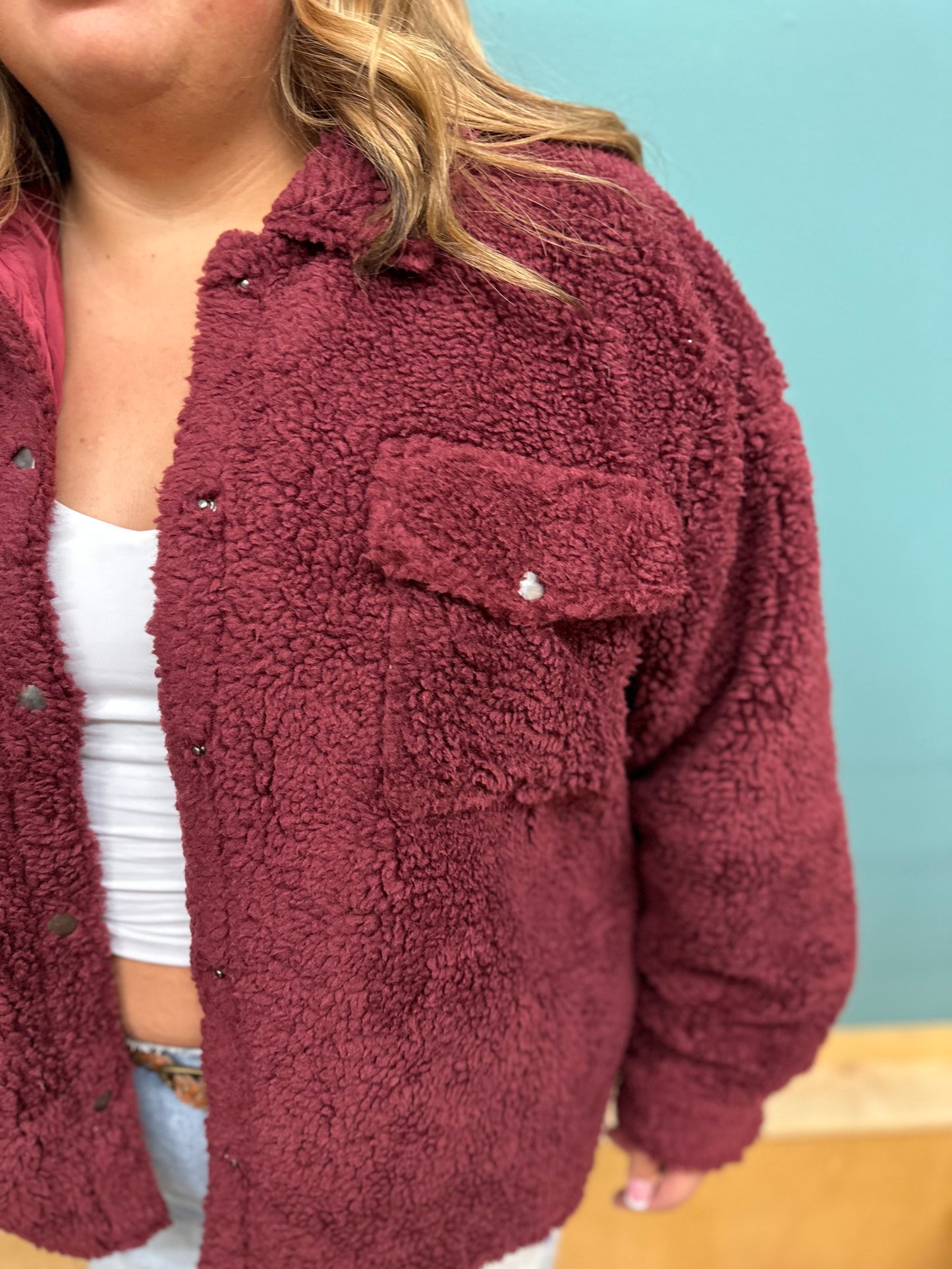 Sadie Shearling Shacket Burgundy in Plus