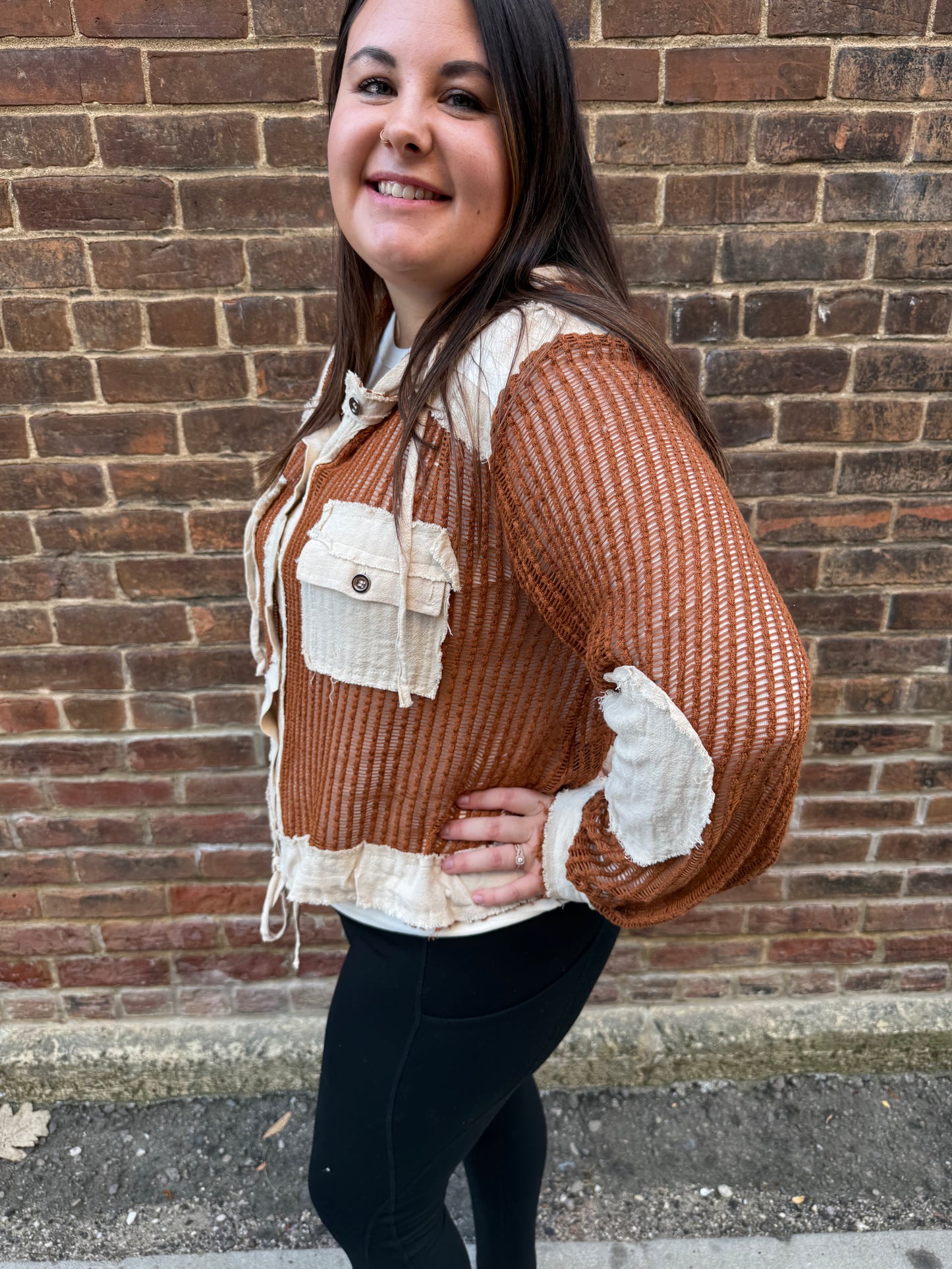 Kylie Open Knit Button Down in Rust