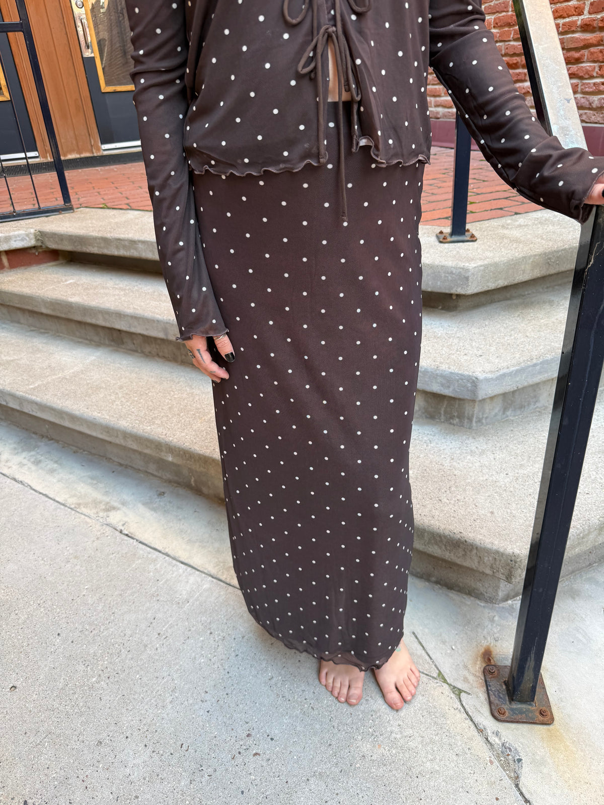 Eda Polka Dot Mesh Midi Skirt Dark Chocolate