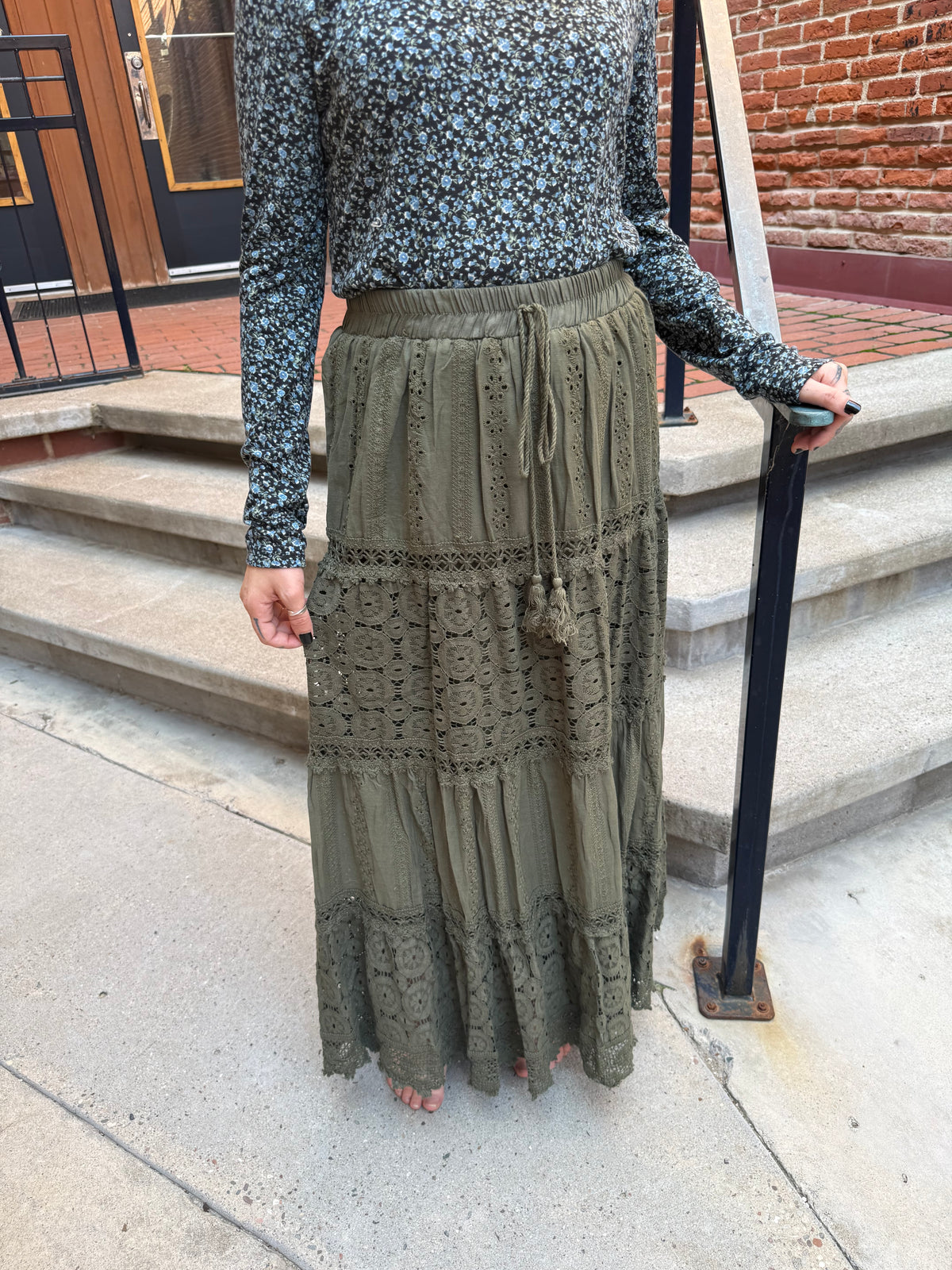 Afton Elastic Waist Maxi Skirt with Lace Trim in Olive