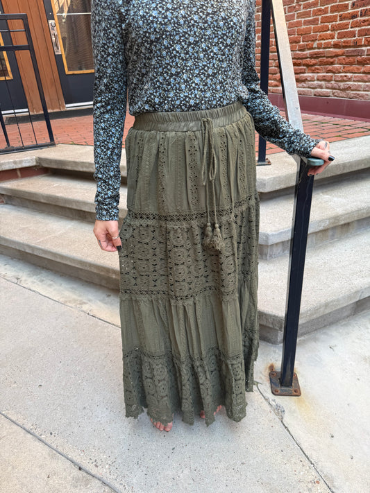 Afton Elastic Waist Maxi Skirt with Lace Trim in Olive