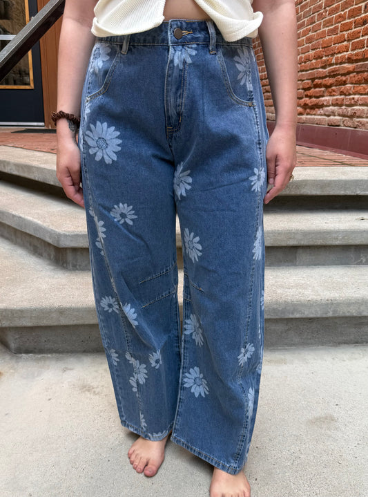 Korrine Printed Barrel Denim Jeans in Dark Denim