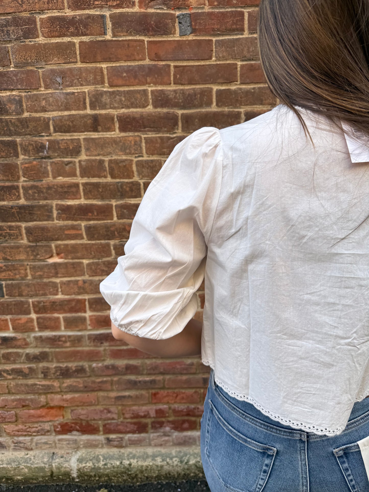 Bree 3/4 Puff Sleeve Embroidered Tie Front Blouse