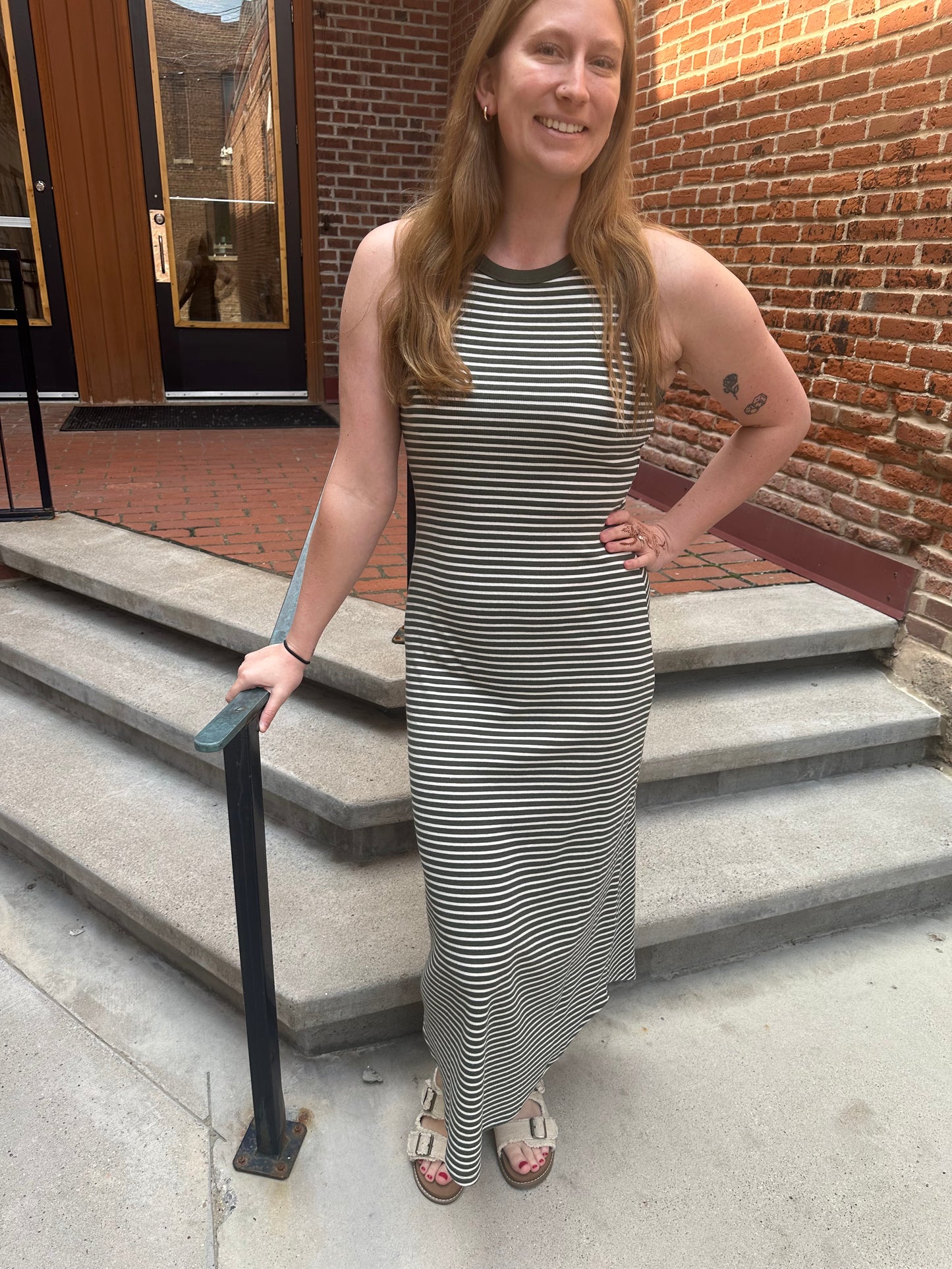 Goodwin Striped Midi Dress in Army Green