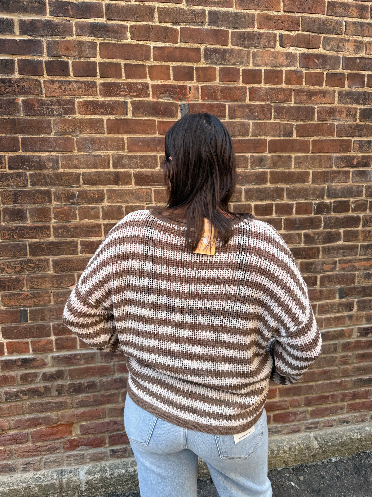 Tera Stripe Raw Edge Split Neck Sheer Knit Sweater
