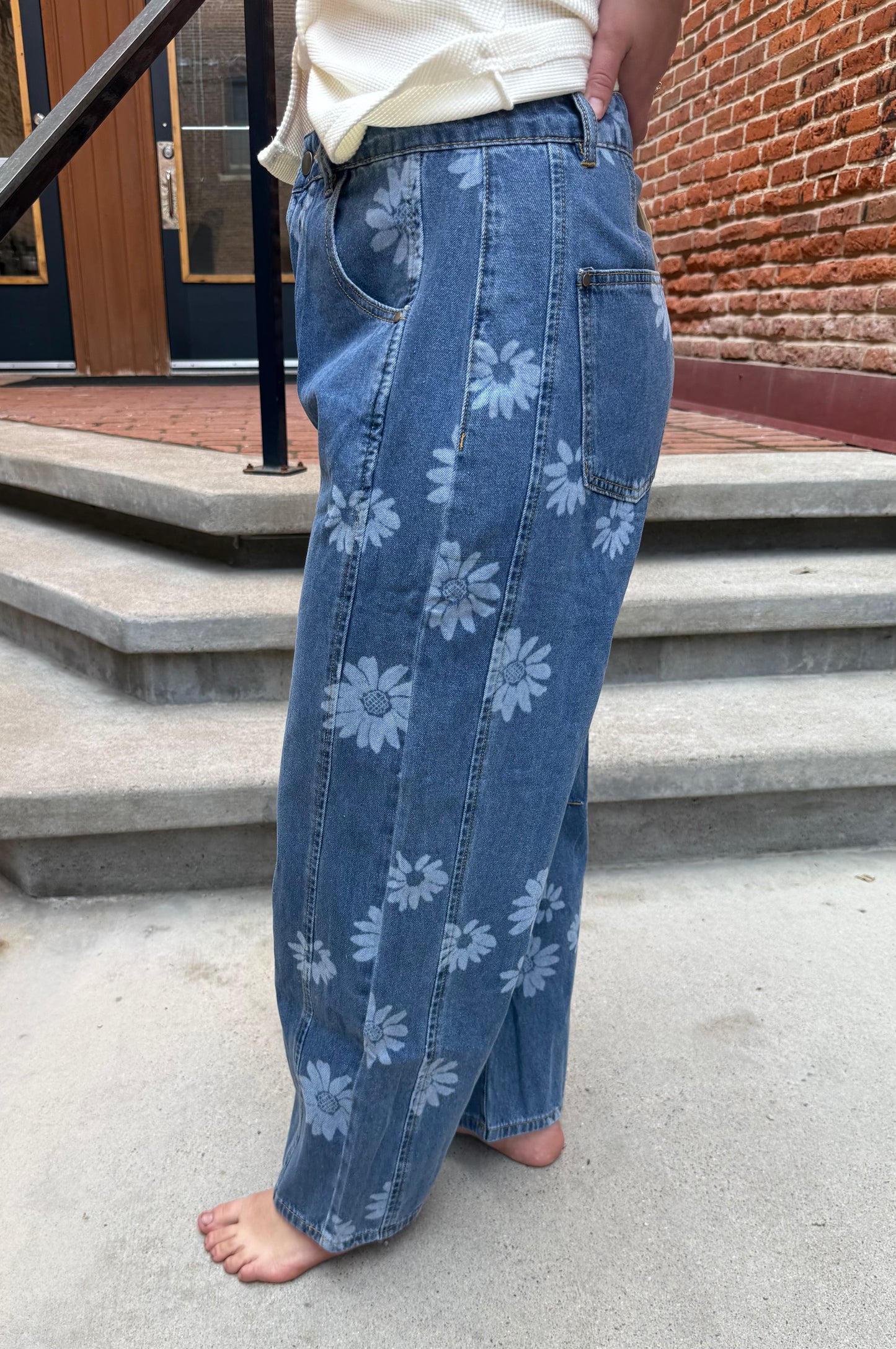 Korrine Printed Barrel Denim Jeans in Dark Denim