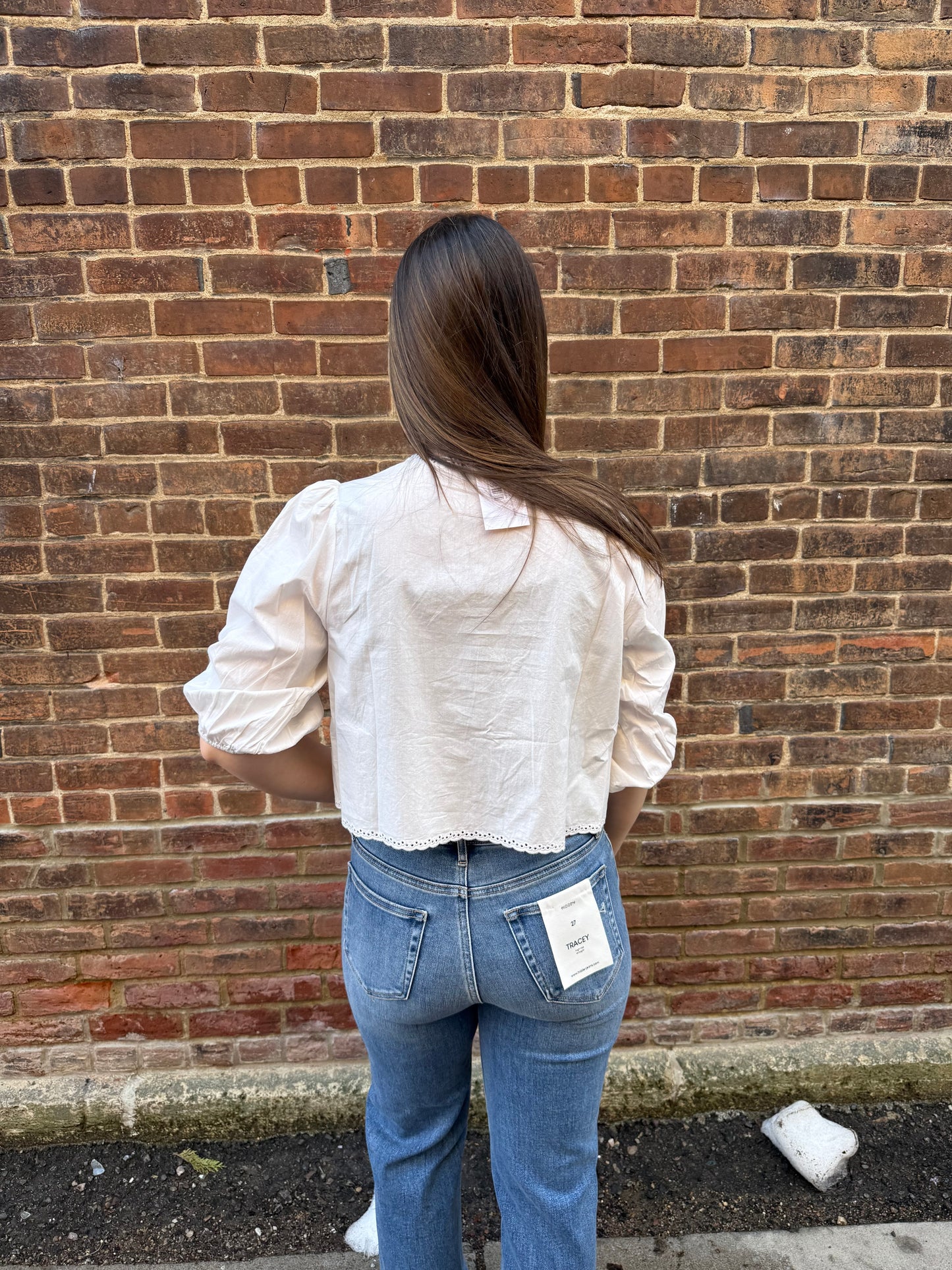Bree 3/4 Puff Sleeve Embroidered Tie Front Blouse