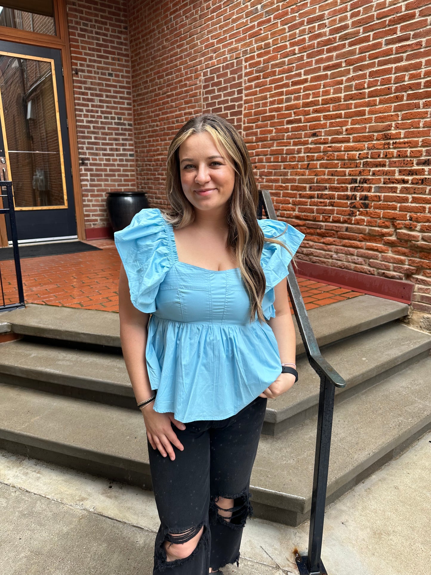 Everly Fluttered Ruffle Top in Baby Blue