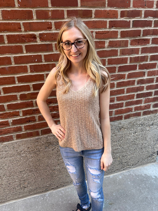 Katie V Neck Crochet Knit Tank Top in Tan