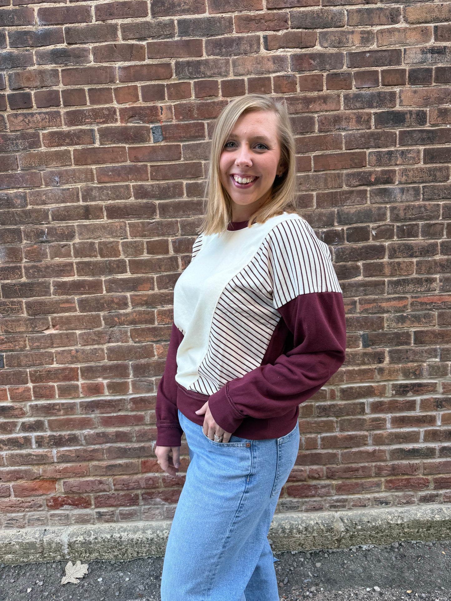 Ember Striped Terry Sweatshirt in Maroon