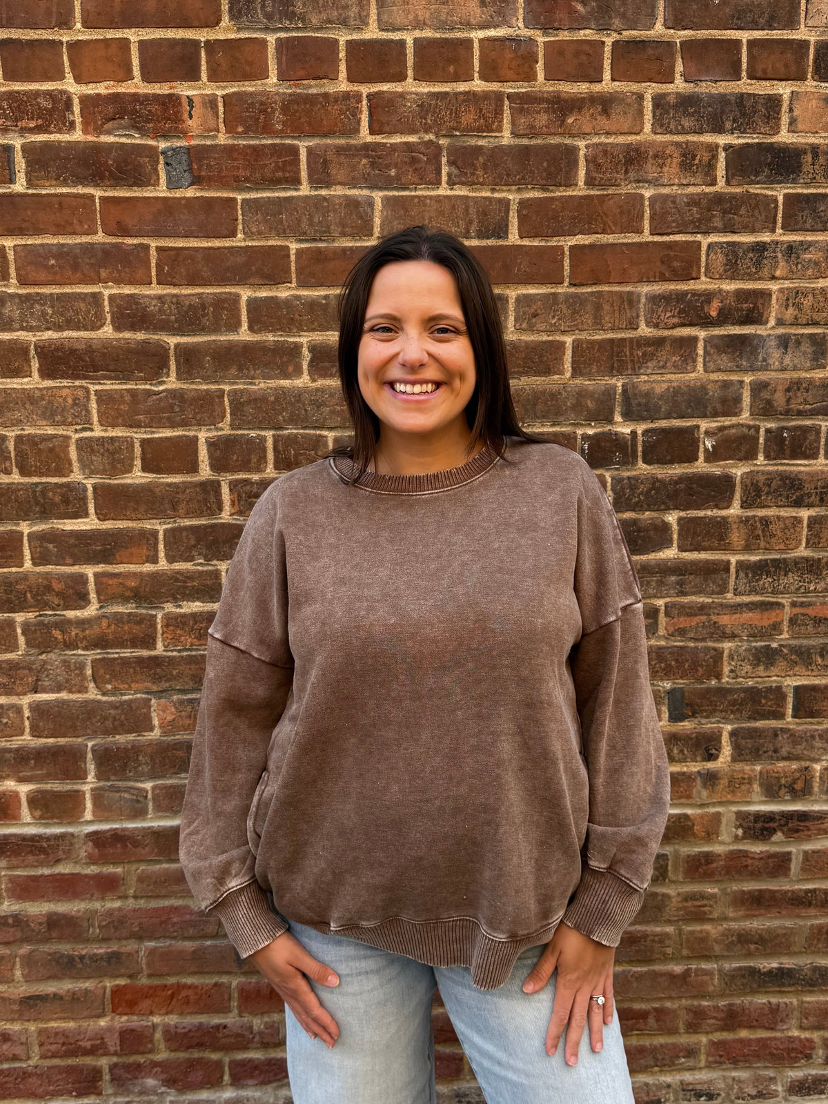Melanie Mocha Acid Wash Fleece Pullover