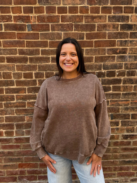Melanie Mocha Acid Wash Fleece Pullover
