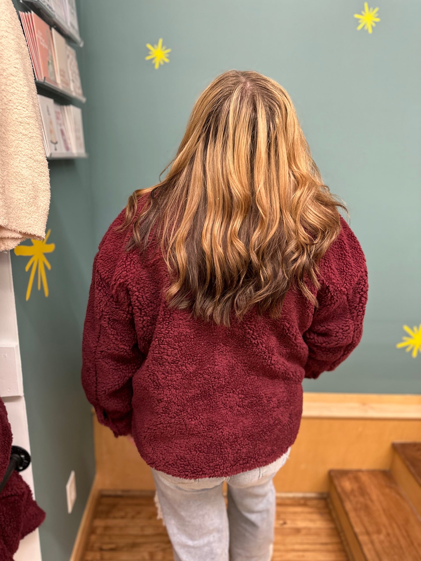 Sadie Shearling Shacket Burgundy in Plus