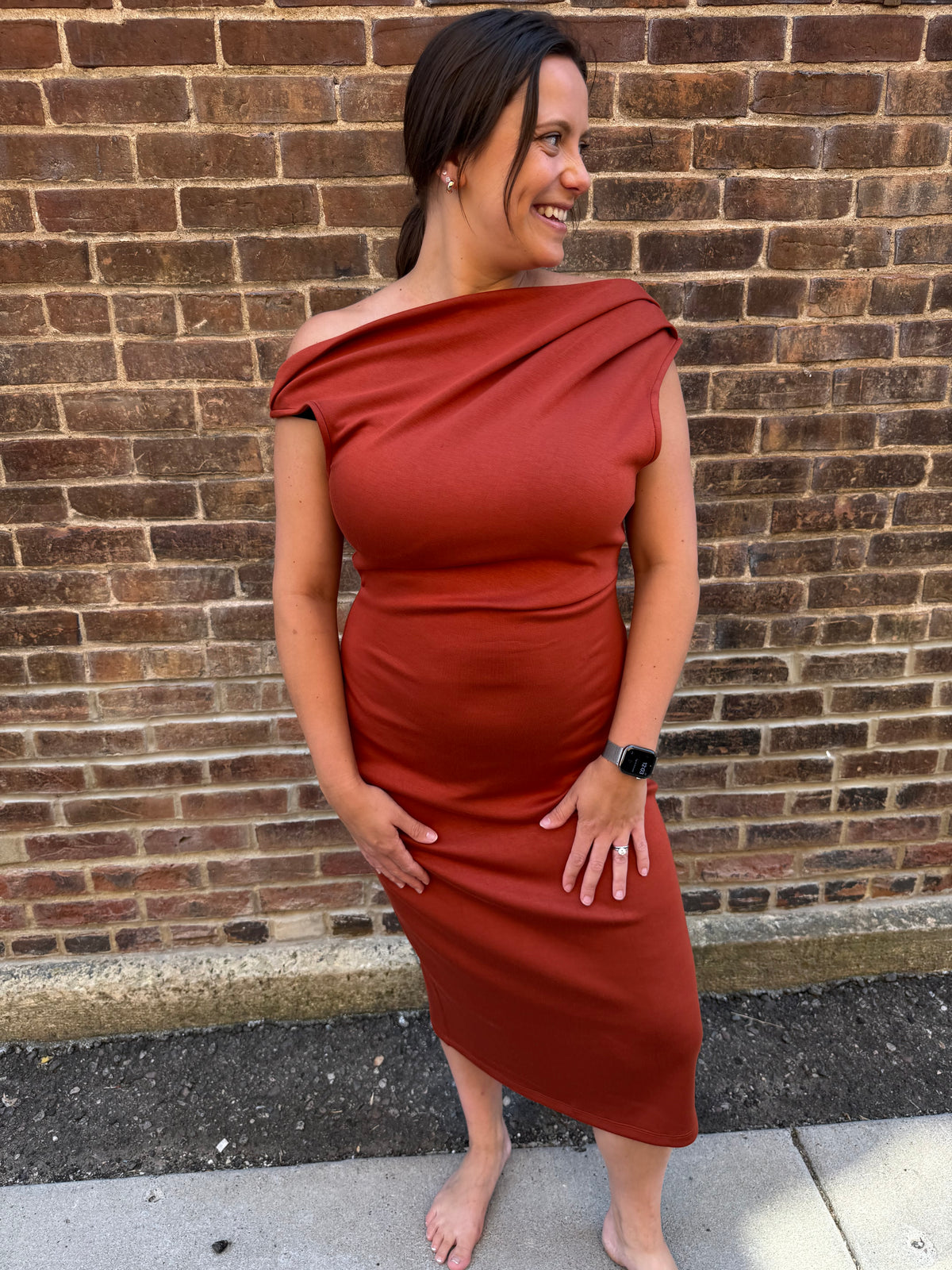 Lauren One Shoulder Midi Dress in Rust