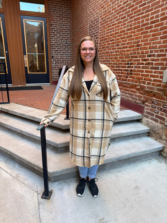 Celeste Tan, Black & Beige Plaid Long Flannel