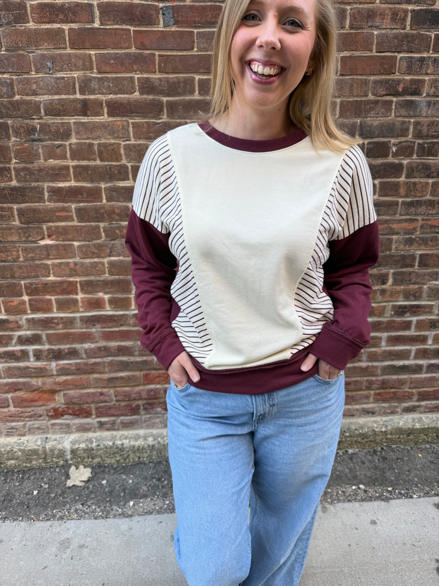 Ember Striped Terry Sweatshirt in Maroon