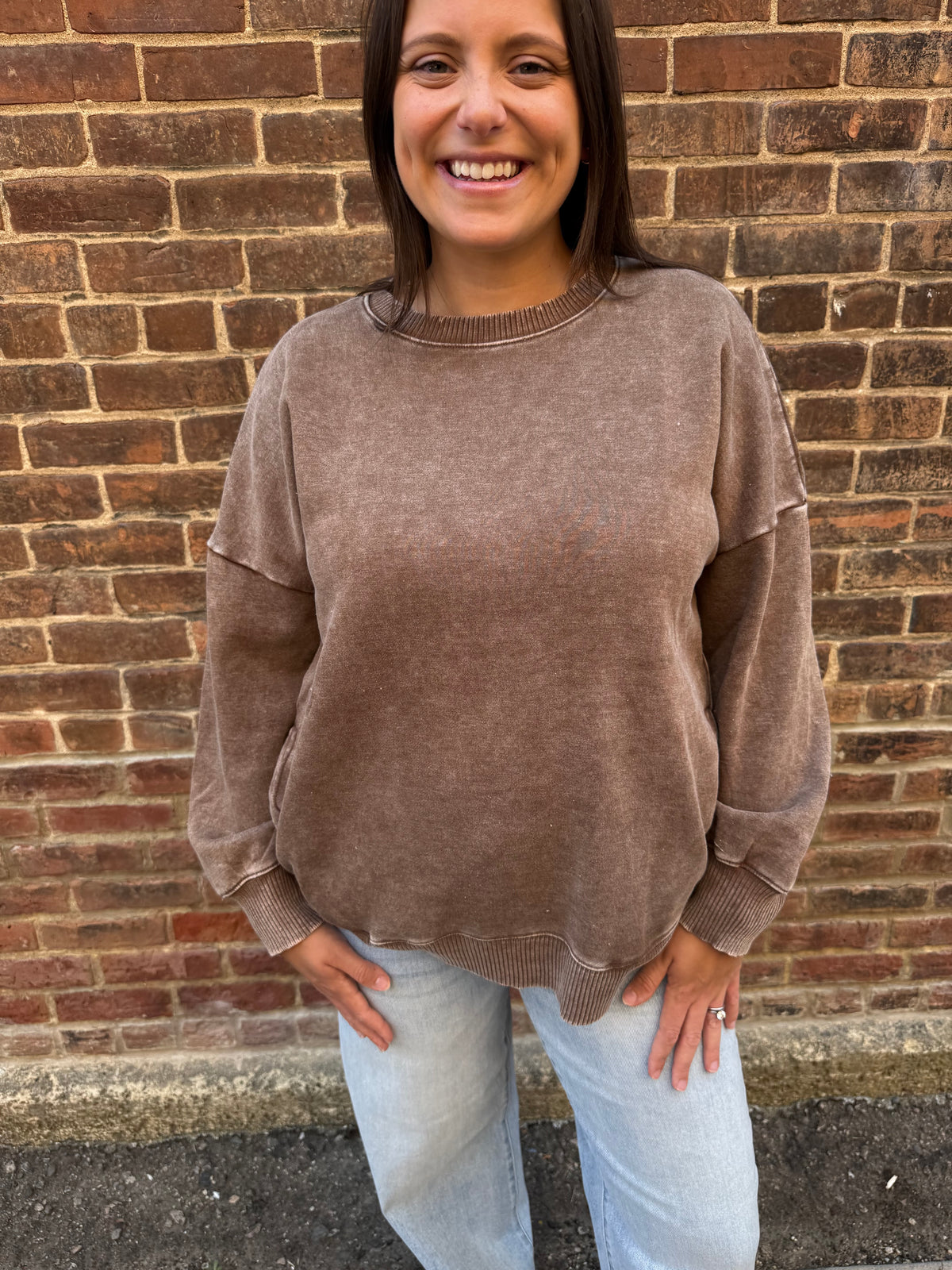 Melanie Mocha Acid Wash Fleece Pullover
