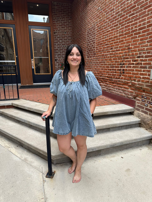 Kori Denim Puff Sleeve Babydoll Relaxed Fit Romper