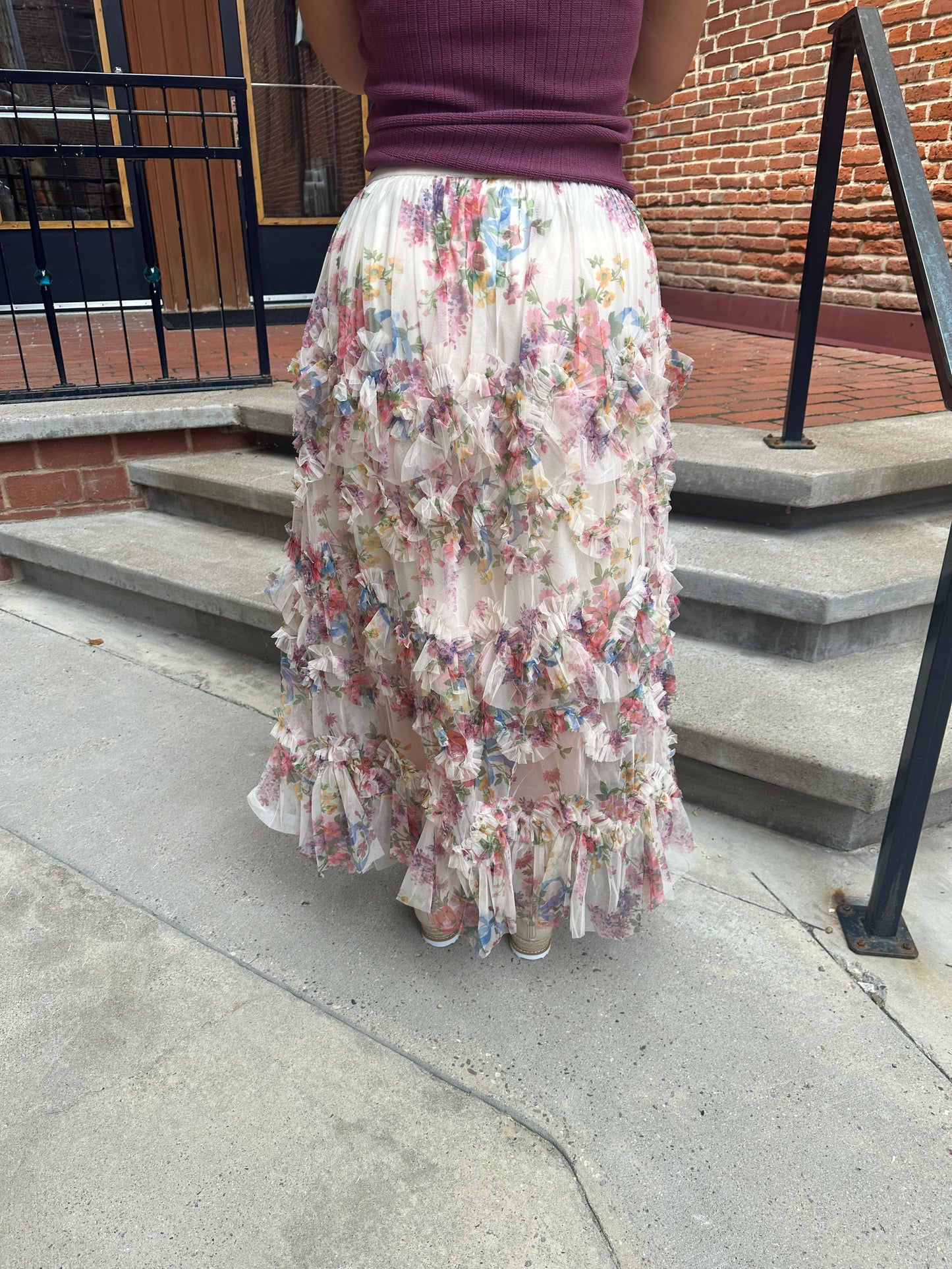 Joni Floral Ruffled Mesh Skirt in Ecru