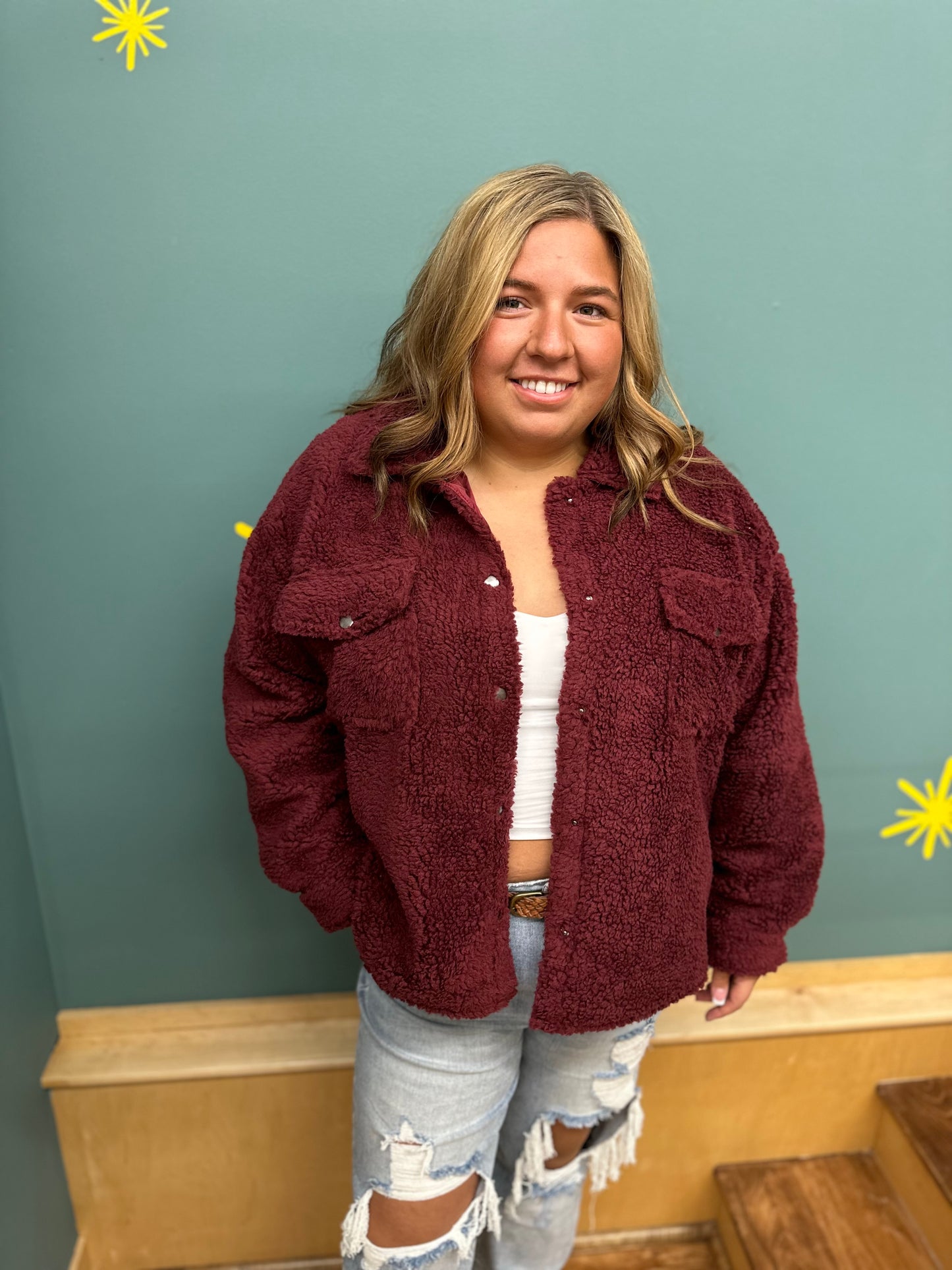 Sadie Shearling Shacket Burgundy in Plus