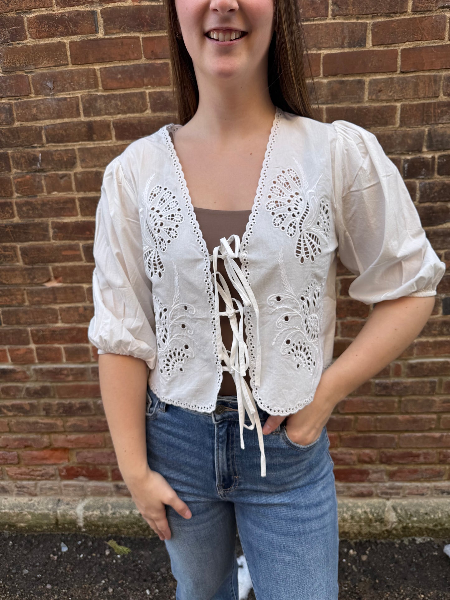 Bree 3/4 Puff Sleeve Embroidered Tie Front Blouse
