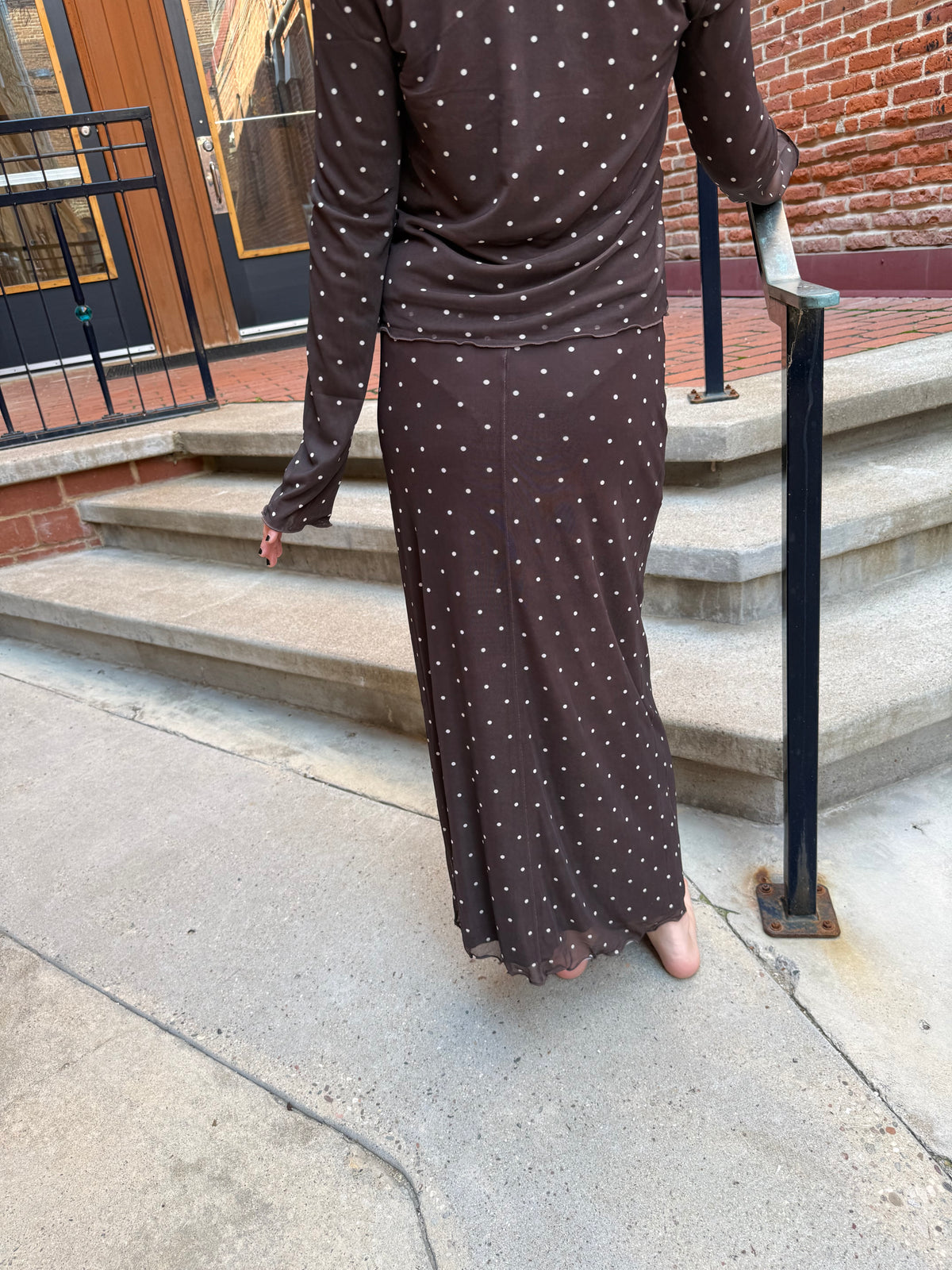 Eda Polka Dot Mesh Midi Skirt Dark Chocolate