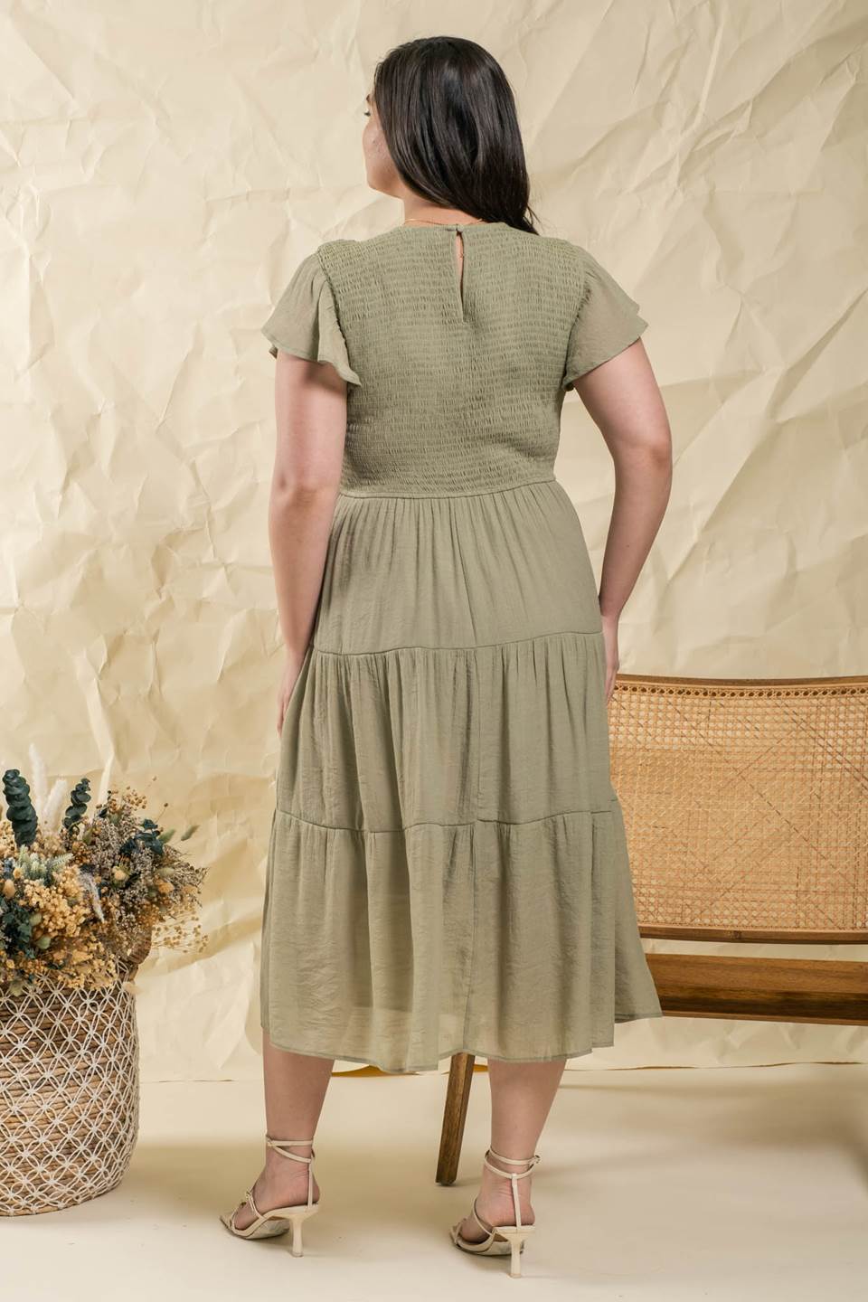 Tamela Tiered Midi Dress in Plus Size in Light Olive 3X Tamela Tiered Midi Dress in Plus Size in Light Olive 3X