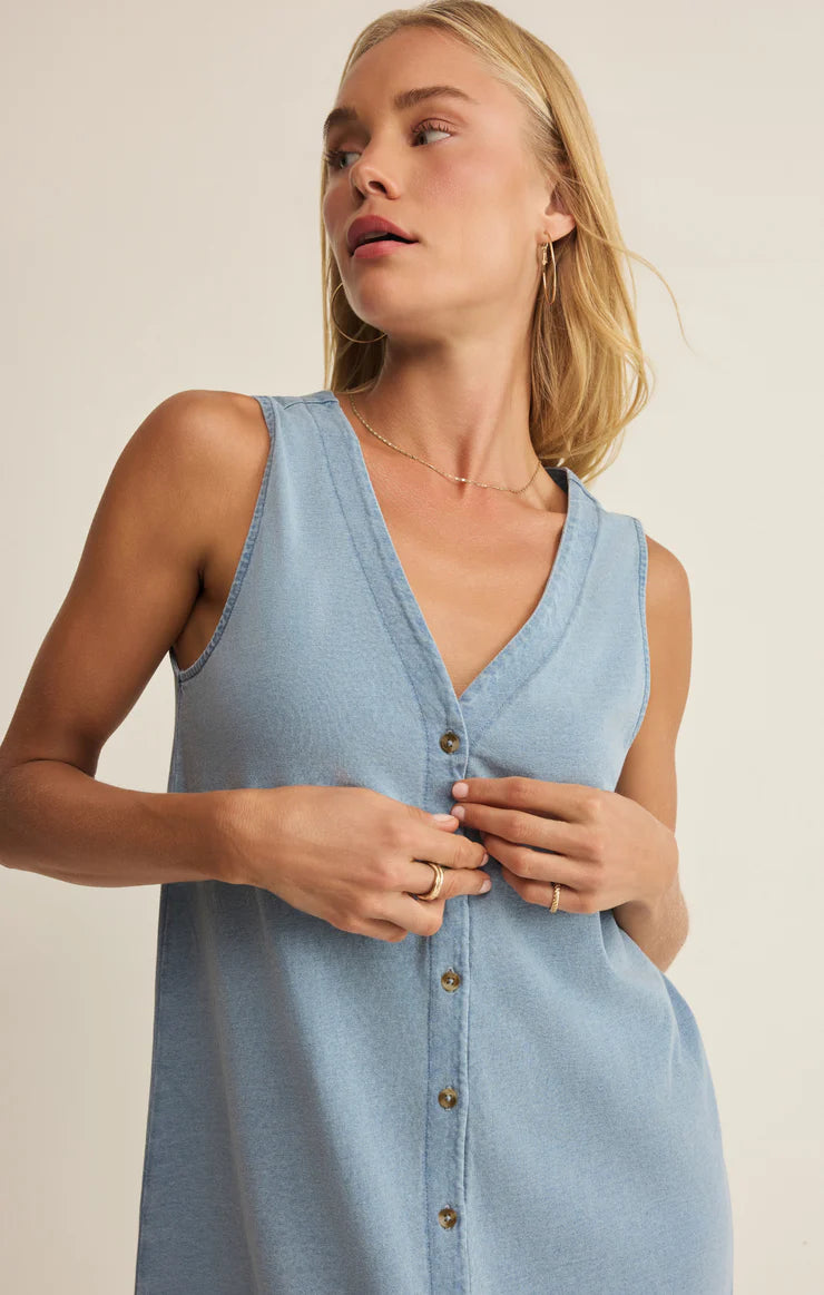Solace Jersey Denim Mini Dress in Light Denim