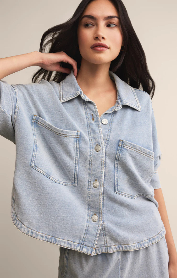 All Day Knit Denim Cropped Jacket in Washed Indigo